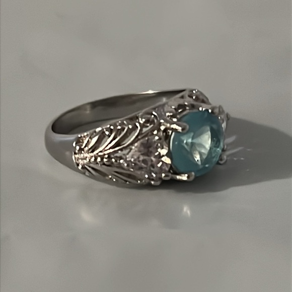 Elegant Art Deco Sterling Silver Aquamarine & White Sapphire Gemstone Ring - Picture 12 of 13
